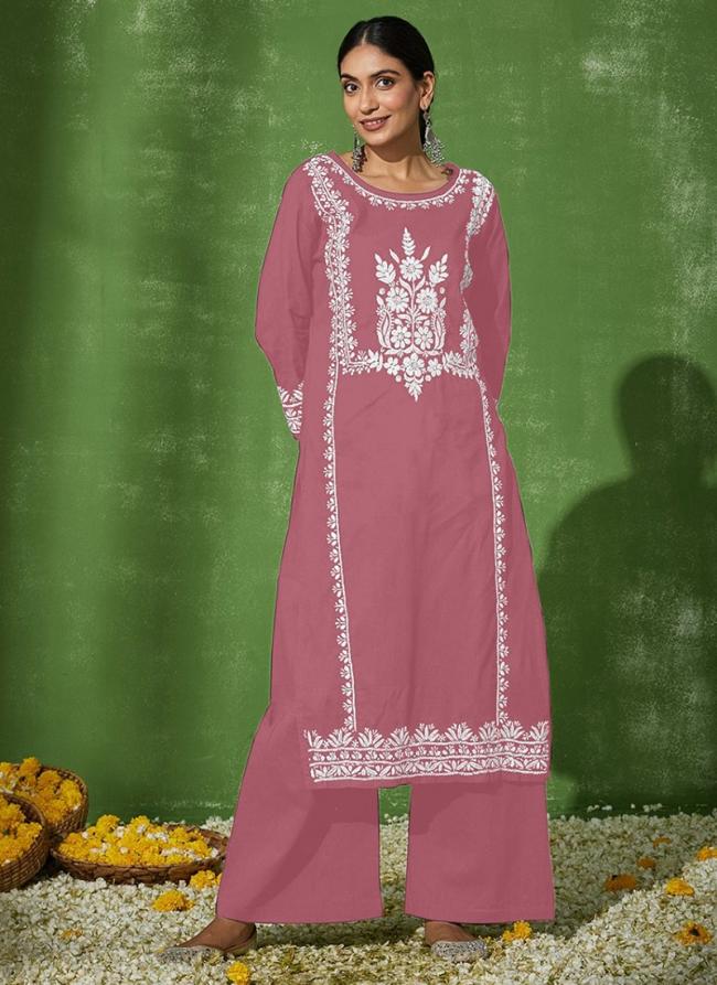 Rayon Pink Casual Wear Chikankari Work Readymade Kurti With Plazzo